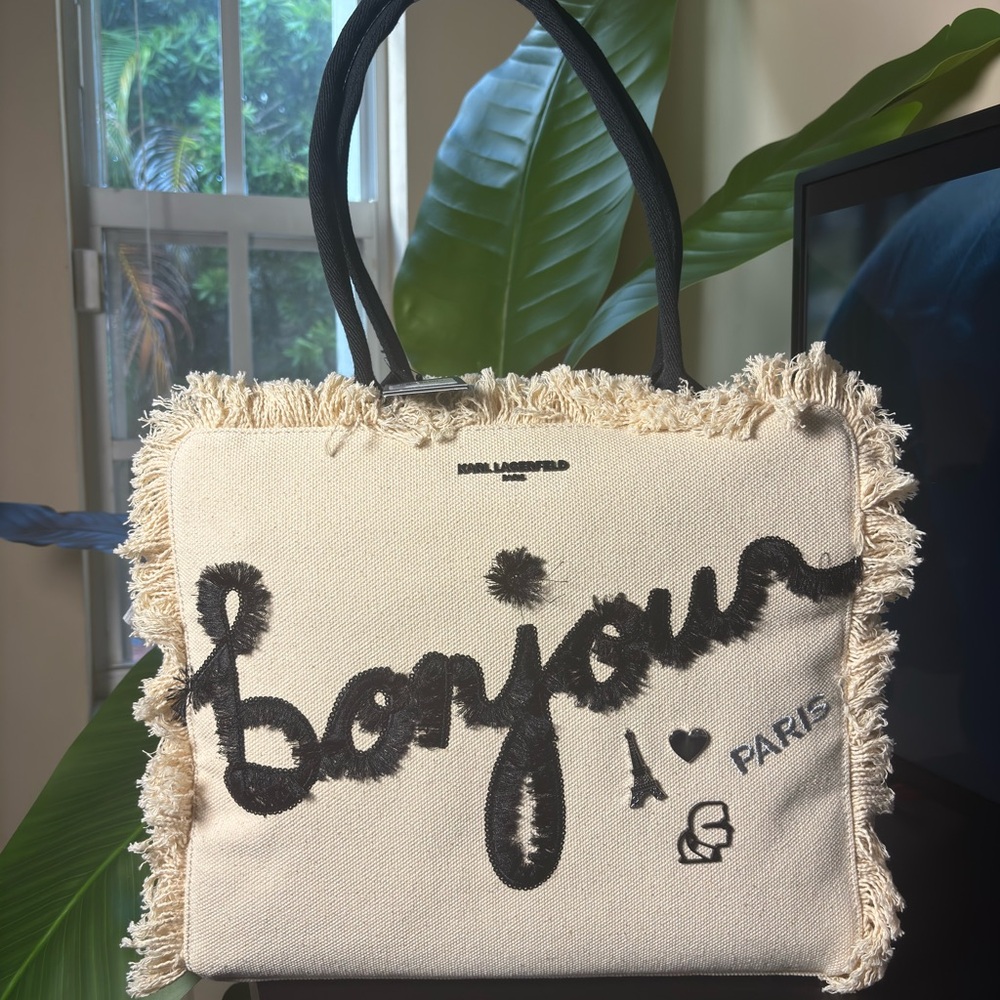 Karl Lagerfeld Bonjour Fringed Tote - Black and Cream